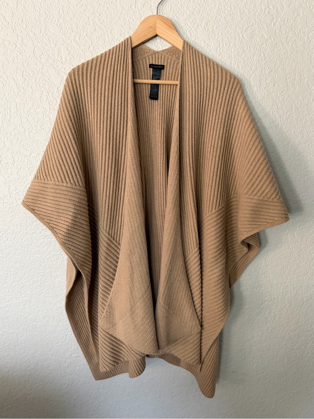 All Saints Ruana Women's Open Front Ribbed Poncho Wrap Sweater Cortina Beige